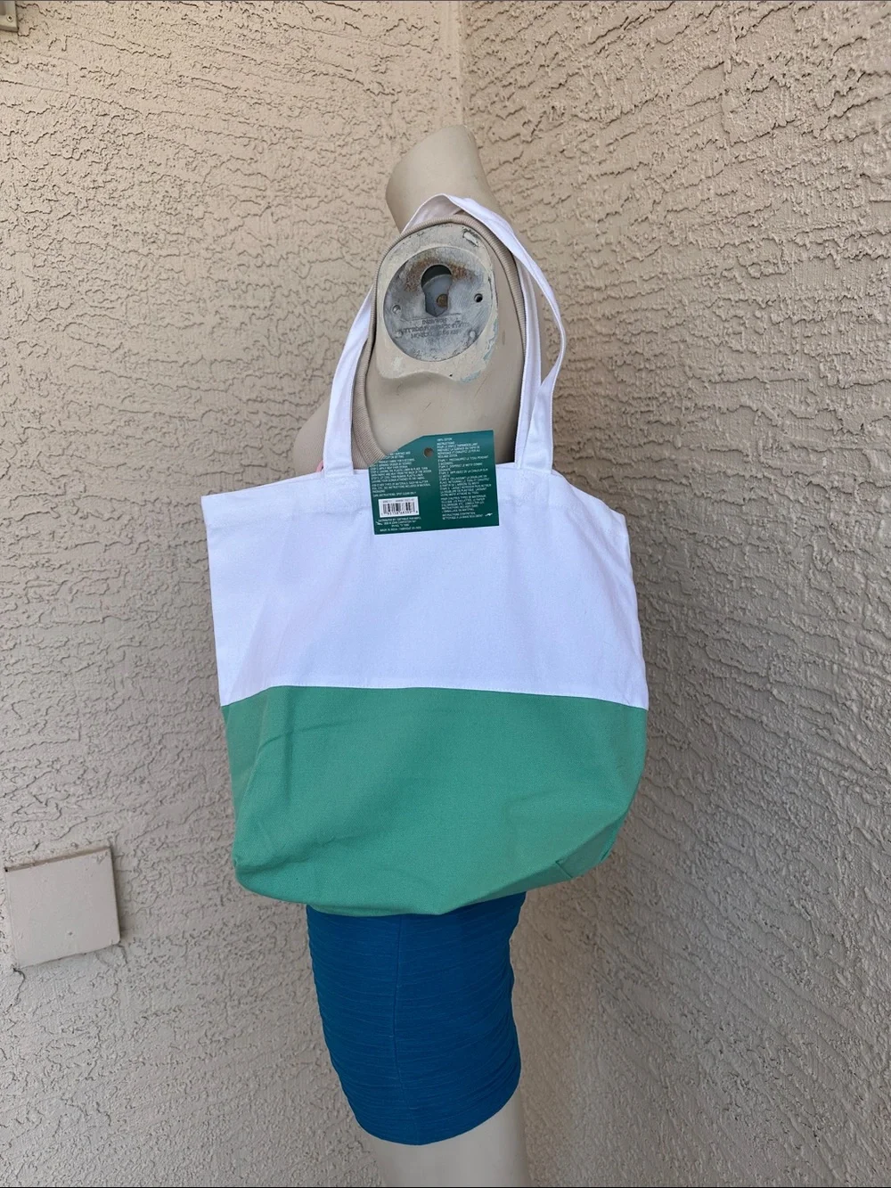 Canvas Two-Tone White and Mint Green Tote Bag with Colorful Ribbon Bag Charm
